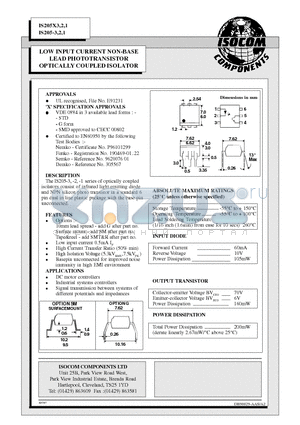 IS205X1 datasheet - LOW INPUT CURRENT NON-BASE LEAD PHOTOTRANSISTOR OPTICALLY COUPLED ISOLATOR