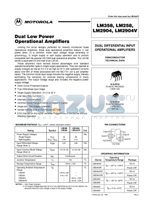 LM2904N datasheet - DUAL DIFFERENTIAL INPUT OPERATIONAL AMPLIFIERS