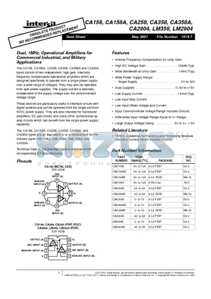 LM2904N datasheet - Dual, 1MHz, Operational Amplifiers for Commercial Industrial, and Military Applications