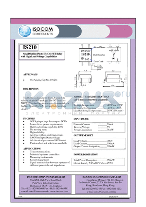 IS210 datasheet - Small Outline Photo DMOS-FET Relay with High Load Voltage Capabilities