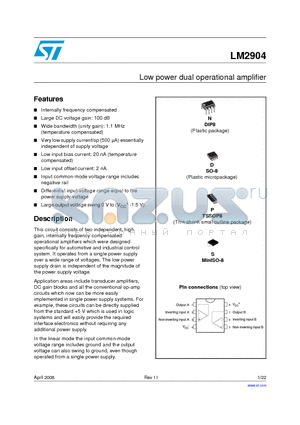 LM2904N datasheet - Low power dual operational amplifier