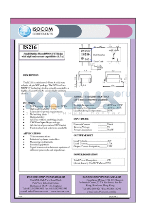 IS216 datasheet - Small Outline Photo DMOS-FET Relay with high load current capabilities ( 1.7A )