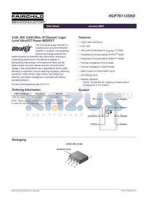 HUF76113SK8 datasheet - 6.5A, 30V, 0.030 Ohm, N-Channel, Logic Level UltraFET Power MOSFET
