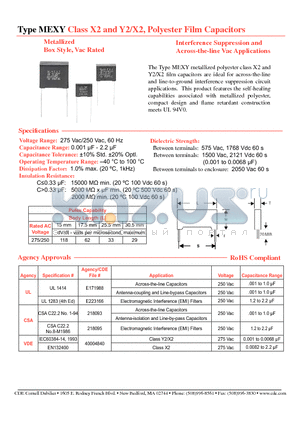 MEXY2A105K datasheet - Type MEXY Class X2 and Y2/X2, Polyester Film Capacitors