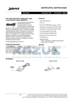 HUF76121S3S datasheet - 47A, 30V, 0.021 Ohm, N-Channel, Logic Level UltraFET Power MOSFETs
