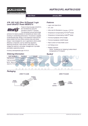 HUF76121S3ST datasheet - 47A, 30V, 0.021 Ohm, N-Channel, Logic Level UltraFET Power MOSFETs