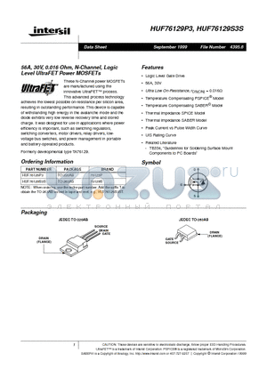 HUF76129P3 datasheet - 56A, 30V, 0.016 Ohm, N-Channel, Logic Level UltraFET Power MOSFETs