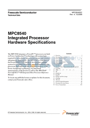 MPC8540CVTAQFC datasheet - Integrated Processor Hardware Specifications