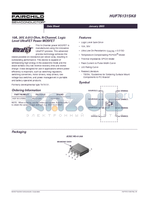 HUF76131SK8 datasheet - 10A, 30V, 0.013 Ohm, N-Channel, Logic Level UltraFET Power MOSFET