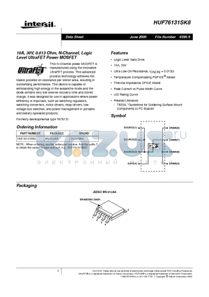 HUF76131SK8 datasheet - 10A, 30V, 0.013 Ohm, N-Channel, Logic Level UltraFET Power MOSFET