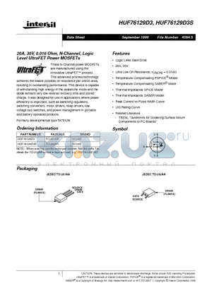 HUF76129D3 datasheet - 20A, 30V, 0.016 Ohm, N-Channel, Logic Level UltraFET Power MOSFETs