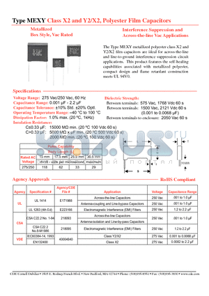 MEXY2A474K datasheet - Type MEXY Class X2 and Y2/X2, Polyester Film Capacitors