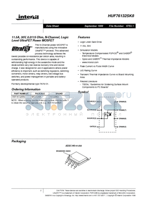 HUF76132SK8 datasheet - 11.5A, 30V, 0.0115 Ohm, N-Channel, Logic Level UltraFET Power MOSFET