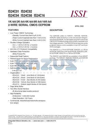 IS24C01 datasheet - 1K-bit/2K-bit/4K-bit/8K-bit/16K-bit 2-WIRE SERIAL CMOS EEPROM