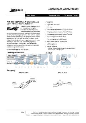 HUF76139S3S datasheet - 75A, 30V, 0.0075 Ohm, N-Channel, Logic Level UltraFET Power MOSFETs