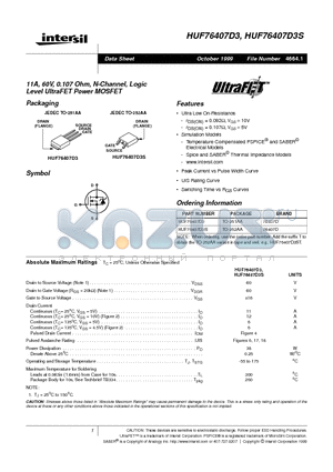 HUF76407D3 datasheet - 11A, 60V, 0.107 Ohm, N-Channel, Logic Level UltraFET Power MOSFET