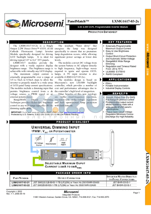 LXMG1617-03-22 datasheet - 3.3V 2.2W CCFL Programmable Inverter Module