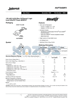 HUF76409P3 datasheet - 17A, 60V, 0.070 Ohm, N-Channel, Logic Level UltraFET Power MOSFET