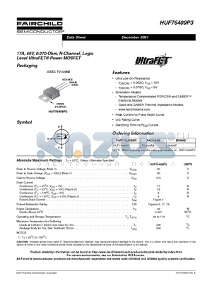 HUF76409P3 datasheet - 17A, 60V, 0.070 Ohm, N-Channel, Logic Level UltraFET Power MOSFET