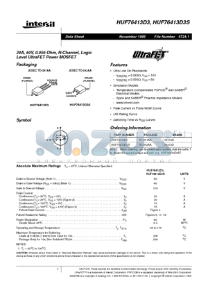 HUF76413D3S datasheet - 20A, 60V, 0.056 Ohm, N-Channel, Logic Level UltraFET Power MOSFET