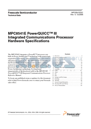 MPC8541CVTAKE datasheet - PowerQUICC III Integrated Communications Processor Hardware Specifications