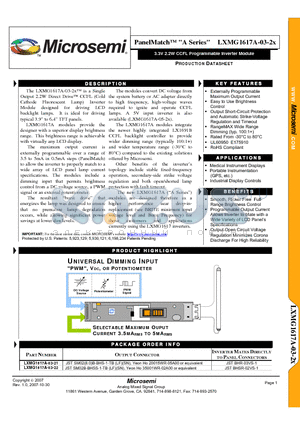 LXMG1617A-03-22 datasheet - 3.3V 2.2W CCFL Programmable Inverter Module