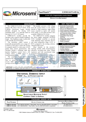 LXMG1617A-05-62 datasheet - 5V 6W CCFL Programmable Inverter Module