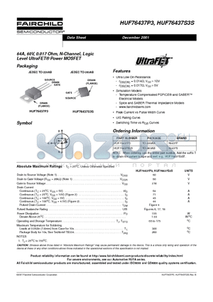 HUF76437P3 datasheet - 64A, 60V, 0.017 Ohm, N-Channel, Logic Level UltraFET Power MOSFET
