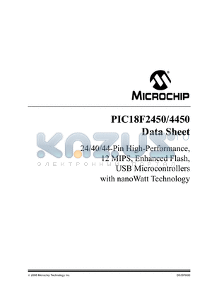 PIC18F4450T-I/SP datasheet - 28/40/44-Pin, High-Performance, 12 MIPS, Enhanced Flash, USB Microcontrollers with nanoWatt Technology