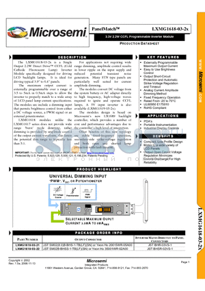 LXMG1618-03-21 datasheet - 3.3V 2.2W CCFL Programmable Inverter Module