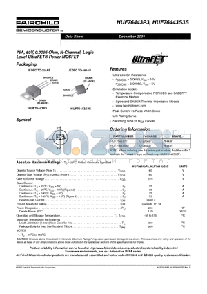 HUF76443S3S datasheet - 75A, 60V, 0.0095 Ohm, N-Channel, Logic Level UltraFET Power MOSFET