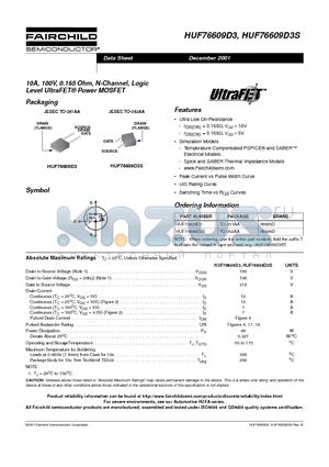 HUF76609D3S datasheet - 10A, 100V, 0.165 Ohm, N-Channel, Logic Level UltraFET Power MOSFET