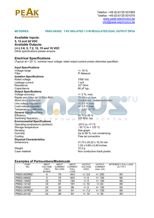 P8SG-0505Z datasheet - 1 KV ISOLATED 1.5 W REGULATED DUAL OUTPUT DIP24
