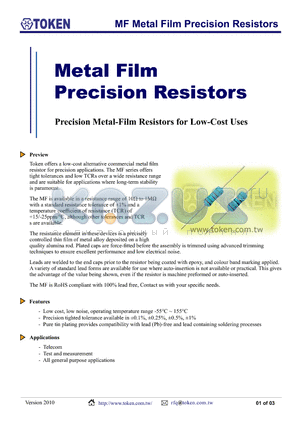 MF-2514W100RBTB datasheet - MF Metal Film Precision Resistors