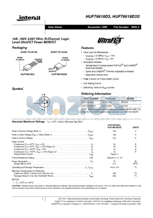 HUF76619D3S datasheet - 18A, 100V, 0.087 Ohm, N-Channel, Logic Level UltraFET Power MOSFET