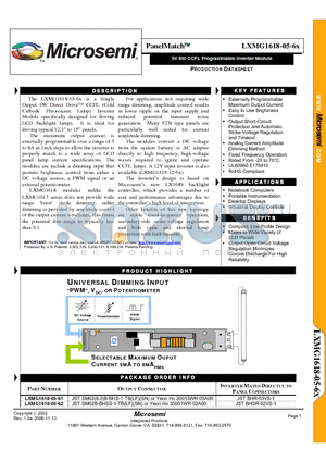 LXMG1618-05-62 datasheet - 5V 6W CCFL Programmable Inverter Module