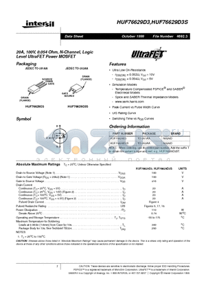 HUF76629D3S datasheet - 20A, 100V, 0.054 Ohm, N-Channel, Logic Level UltraFET Power MOSFET