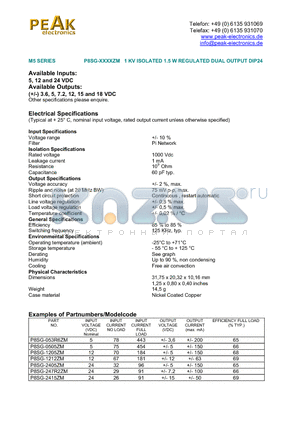 P8SG-0505ZM datasheet - 1 KV ISOLATED 1.5 W REGULATED DUAL OUTPUT DIP24