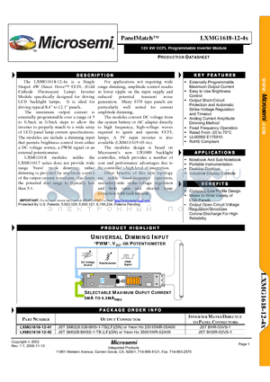 LXMG1618-12-42 datasheet - 12V 4W CCFL Programmable Inverter Module