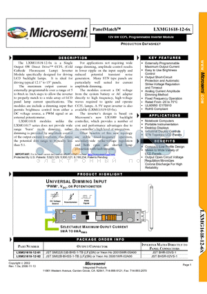 LXMG1618-12-6X datasheet - 12V 6W CCFL Programmable Inverter Module