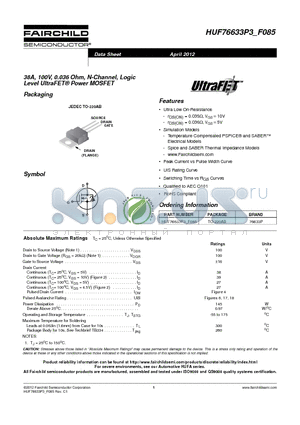 HUF76633P3_12 datasheet - 38A, 100V, 0.036 Ohm, N-Channel, Logic Level UltraFET^ Power MOSFET