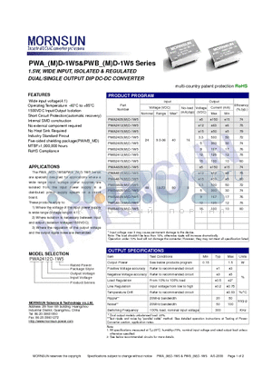 PWA2412MD-1W5 datasheet - DUAL/SINGLE OUTPUT DIP DC-DC CONVERTER