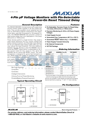 MAX821UUS-T datasheet - 4-Pin lP Voltage Monitors with Pin-Selectable Power-On Reset Timeout Delay