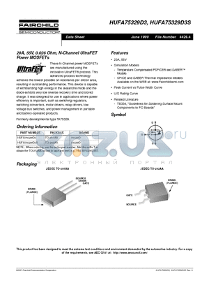 HUFA75329D3 datasheet - 20A, 55V, 0.026 Ohm, N-Channel UltraFET Power MOSFETs