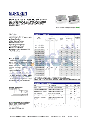 PWA2405MD-6W datasheet - SINGLE/DUAL OUTPUT DC/DC CONVERTER