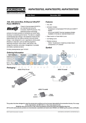 HUFA75337G3 datasheet - 75A, 55V, 0.014 Ohm, N-Channel UltraFET Power MOSFETs