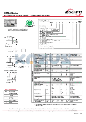 M5004 datasheet - 9x16 mm FR-4, 5.0 Volt, CMOS/TTL/PECL/LVDS, HPVCXO