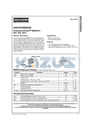 HUFA75429D3ST datasheet - N-Channel UltraFET MOSFETs 60V, 20A, 25m