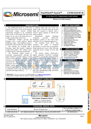 LXMG1626-05-46 datasheet - 5V 6W Dual CCFL Programmable Inverter Module