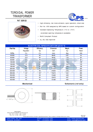 P8TA-50-XXX datasheet - TOROIDAL POWER TRANSFORMER